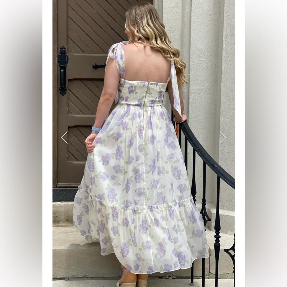 morning lavender debra purple & white floral sweetheart bow detil maxi dress - Picture 8 of 16